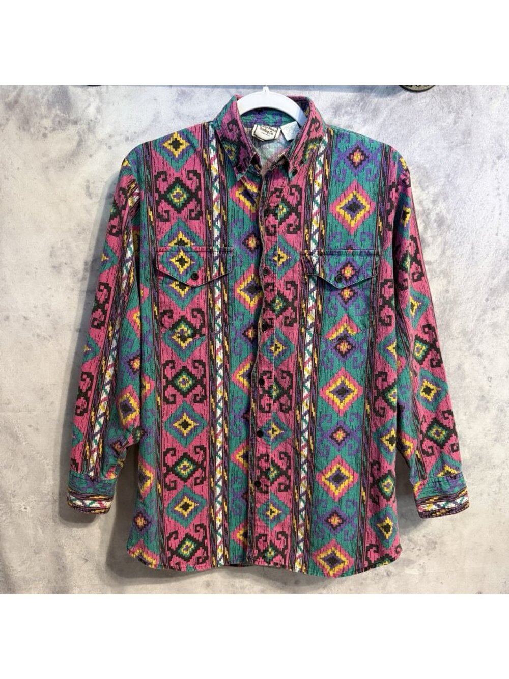 Vtg 90s Western Plains Trading Co Southwestern Aztec Button Up Shirt Mens Small